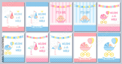 Baby Shower boy card. Vector Baby girl design. Cute pink blue banner. Birth party background. Welcome template invite. Happy greeting poster with kid, stork, pram, polka dot print Cartoon illustration