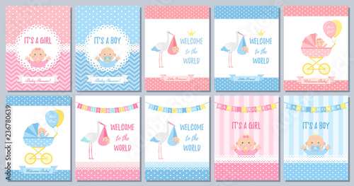 Baby Shower boy girl card. Vector. Baby girl boy design. Cute pink blue poster. Birth party background. Set welcome template invites. Happy greeting decoration banner. Cartoon illustration.