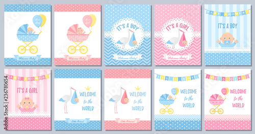 Baby Shower boy card. Vector Baby girl design. Cute birth party background. Welcome template invite. Pink blue poster. Happy greeting banner with kid, stork, pram, polka dot print Cartoon illustration