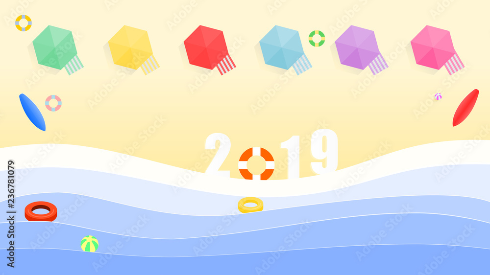 Naklejka premium Top view of the 2019 numbers in the beach with swimmers equipment ,cribs and sunshades for tourists, illustration vector design for holiday and new year.
