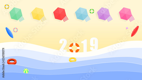 Top view of the 2019 numbers in the beach with swimmers equipment ,cribs and sunshades for tourists, illustration vector design for holiday and new year.