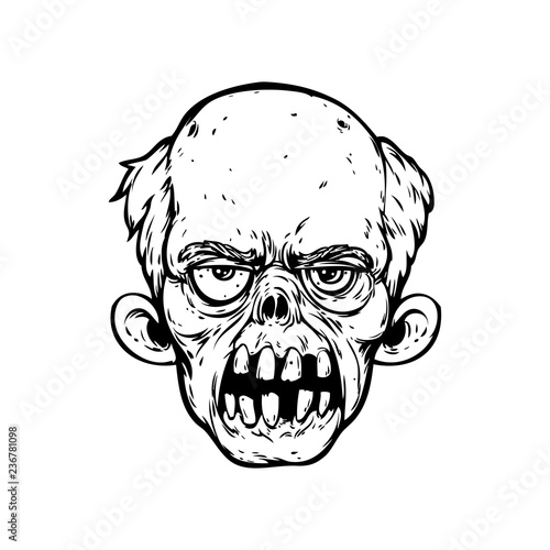 Angry zombie head. line art. Isolated vector illustration.