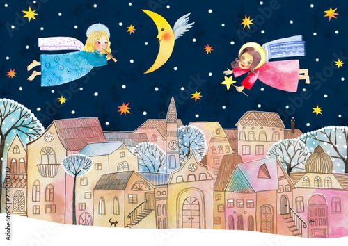 Little Angel. Silent night. Watercolor illustration