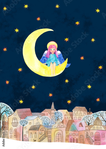 Canvas Print Little Angel. Silent night. Watercolor illustration