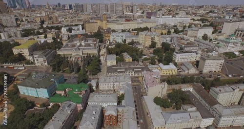 Aerial view RUSSIA MOSCOW. Flying around Moscow-city towers on the horizon 4k