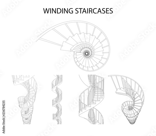 Vector set of 3d spiral winding staircases