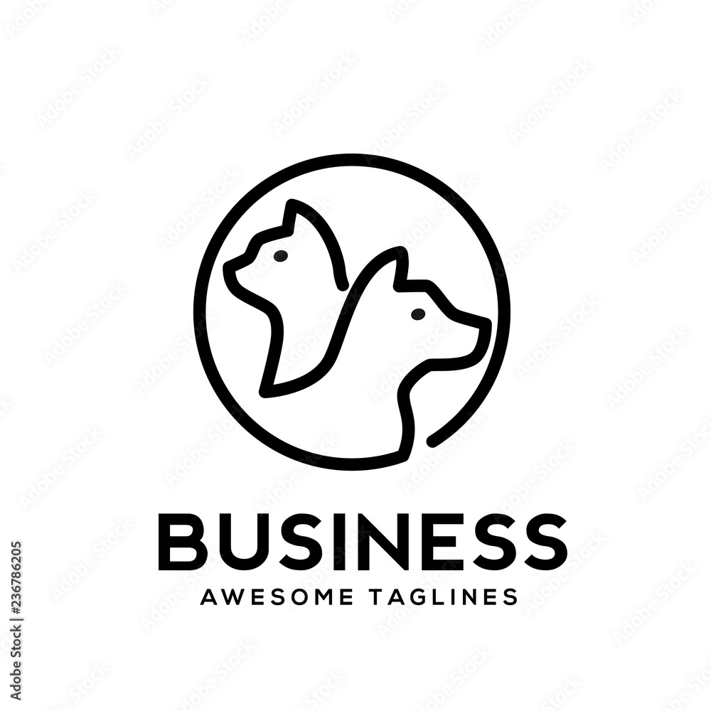Fototapeta kreatywny pies i kot pielęgnacja zwierząt domowych zarys linii sztuki logo wektor ikona