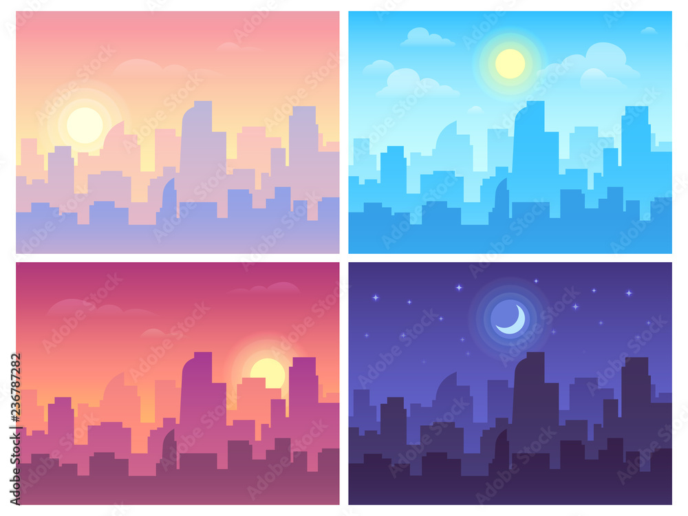 Daytime cityscape. Morning, day and night city skyline landscape, town buildings in different time and urban vector background