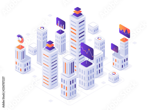 Isometric megalopolis infographic. City buildings, futuristic urban and town business office district metrics 3d vector illustration