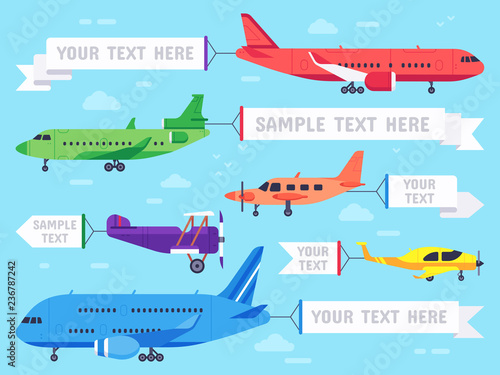 Airplane with banner. Flying ad aeroplane, aviation aircraft banners and airline plane ads vector illustration
