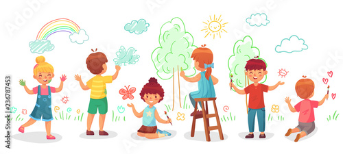 Kids drawing on wall. Childrens group draw color paintings on walls, child paint art cartoon vector illustration