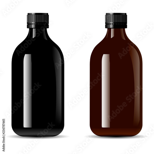 Bottles pack for medical products, vape e liquid, oil, serum and essence. Black glass and amber glass cosmetic bottles mockup. High quality eps10 vector illustration.