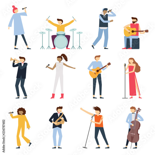 Musician artists. Guitar playing artist, young drummer and pop song singer. Musical instruments stage players isolated flat vector set