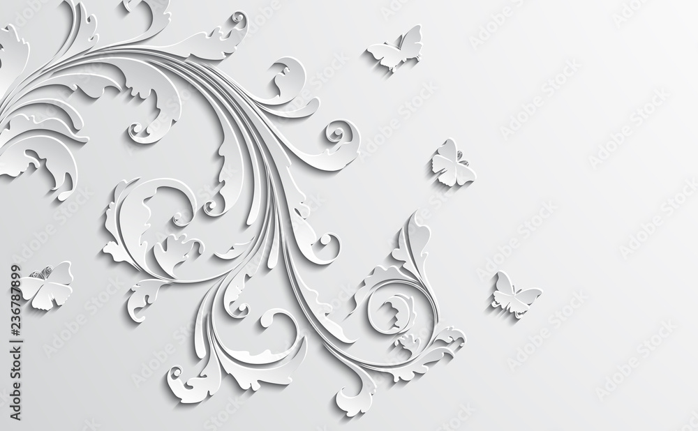 Abstract floral background with paper flowers  butterflies.