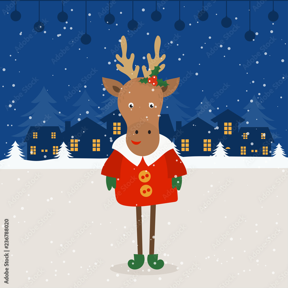 Merry Christmas and Happy New Year winter holidays greeting card with reindeer. Vector illustration