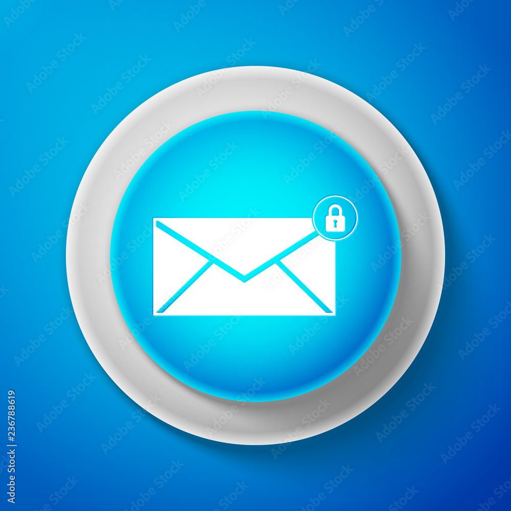 White Email message lock password icon isolated on blue background. Envelope with padlock sign. Private mail and security, secure, protection, privacy symbol. Circle blue button. Vector illustration White Email message lock password icon isolated on blue background. Envelope with padlock sign. Private mail and security, secure, protection, privacy symbol. Circle blue button. Vector illustration