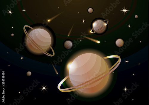 Fantastic space background with planets with ring  stars and comets. Astronomy and space  celestial objects  astrology and the universe  the space of galaxies and cosmic lights. Vector illustration.