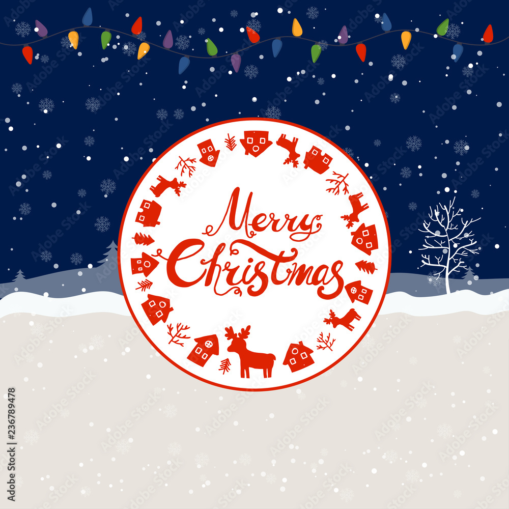 Merry Christmas and Happy New Year winter holidays greeting card with holidays objects. Vector illustration Merry Christmas and Happy New Year winter holidays greeting card with holidays objects. Vector illustration