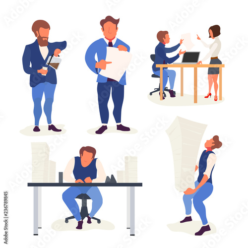 Large set of office life scenes with trendy colorful flat characters on white