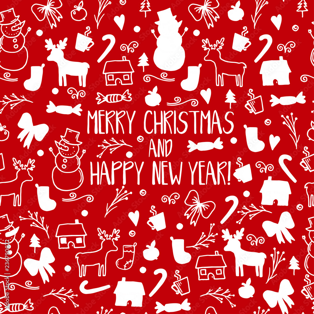 Merry Christmas and Happy New Year winter seamless pattern with holidays objects. Vector illustration Merry Christmas and Happy New Year winter seamless pattern with holidays objects. Vector illustration