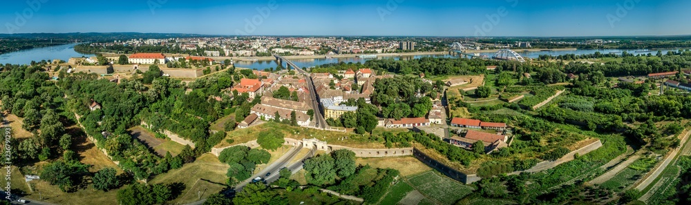 Aerial view of Petrovaradin Novi Sad fortress from the Austria Turkish times in Serbia former Yugoslavia along the Danube river