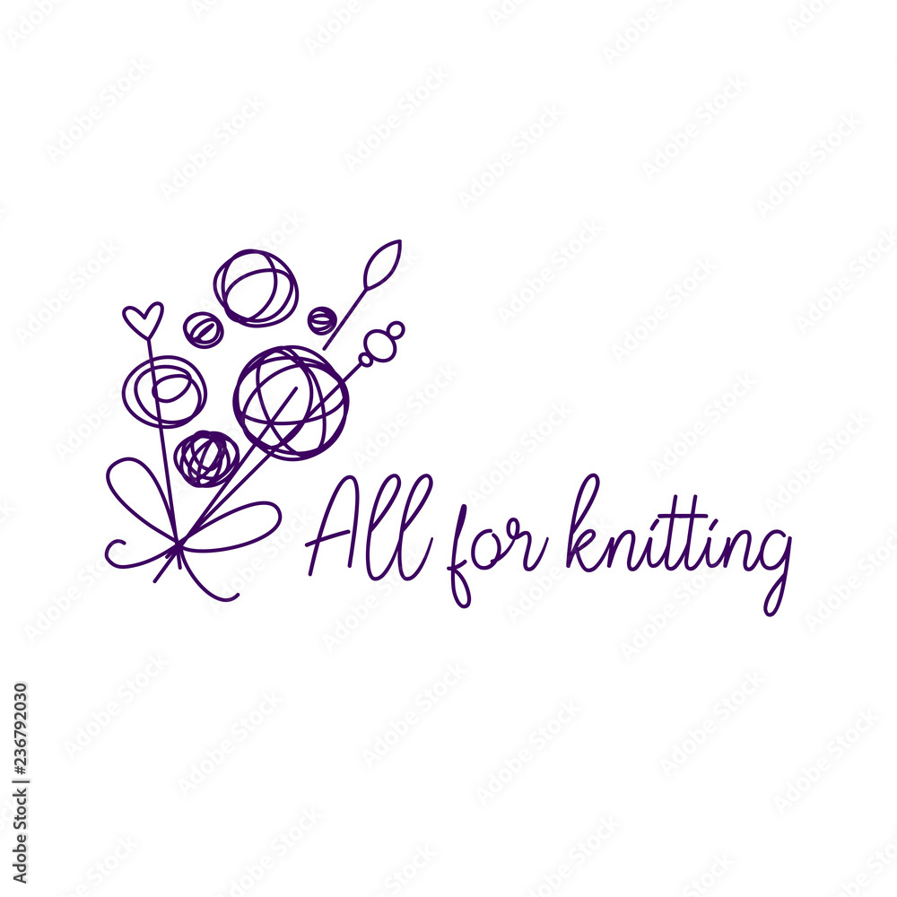 Yarn shop, store, market vector template logo, badge, sign, label. All for knitting. Freehand drawn line concept flower bouquet and wool clew on white background.