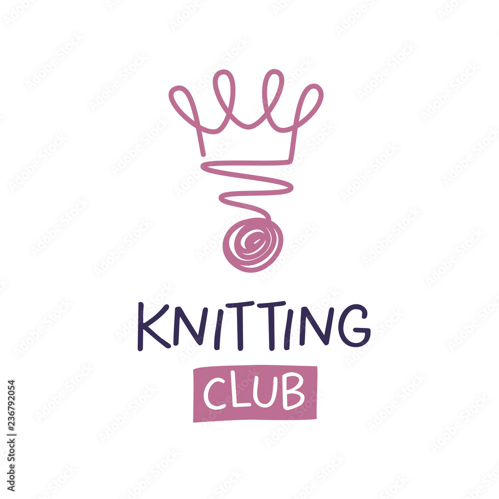 Fototapeta premium Knitting club vector template logo. Freehand drawn line crown and wool clew on white background for knit service or atelier tailoring salon or fashion dress designer studio.