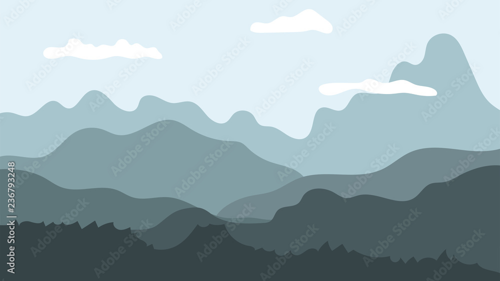Landscape with mountains and clouds. Vector illustration.
