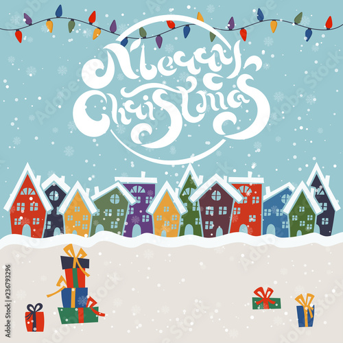 Merry Christmas and Happy New Year winter holidays greeting card with holidays objects. Vector illustration © UVAconcept
