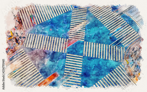 Canvas Print Aerial view of traffic crossing a big intersection in Ginza, Tokyo, Japan at nig