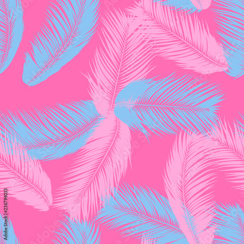 Feathers Seamless Pattern. Tropical Background. Jungle Foliage in Pastel Color Design. Abstract Exotic Wallpaper with Palm Leaves. Pink Feathers for Design, Cloth, Fabric, Textile. EPS10 Vector.