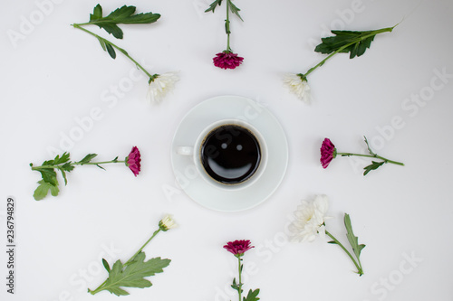 coffee and colorful flowers 