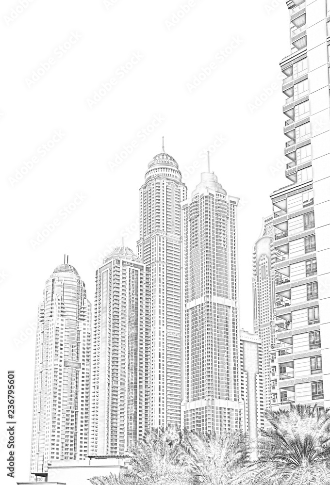 digitale Strichzeichnung Foto Skizze, Skyline von Dubai, Illustration