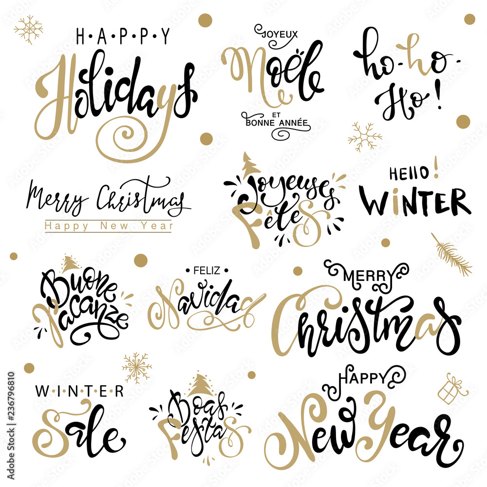 Happy Holiday, Merry Christmas, Happy New Year big set greeting card. Premium luxury background for holiday greeting card. Gold calligraphy lettering.