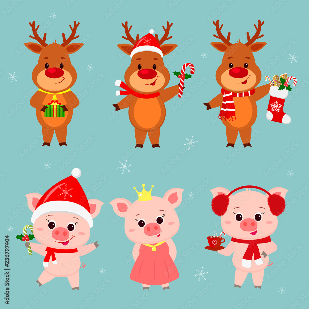 New Year and Christmas card. A set of three deer and three pigs characters in different hats and costumes in winter. Box gift, sock, lollipops, cocoa. Cartoon style, vector New Year and Christmas card. A set of three deer and three pigs characters in different hats and costumes in winter. Box gift, sock, lollipops, cocoa. Cartoon style, vector