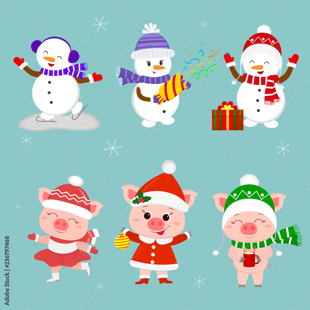 New Year and Christmas card. A set of three snowmen and three pigs character in different hats and poses in winter. Gift box, skating rink, crackers, drink. Cartoon style, vector