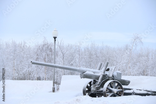 gun under snow during winter snowstorm photo