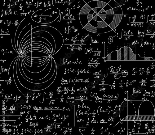 Scientific math vector seamless pattern with handwritten algebra equations, formulas and calculations. Math endless texture, "handwritten with chalk on blackboard" effect