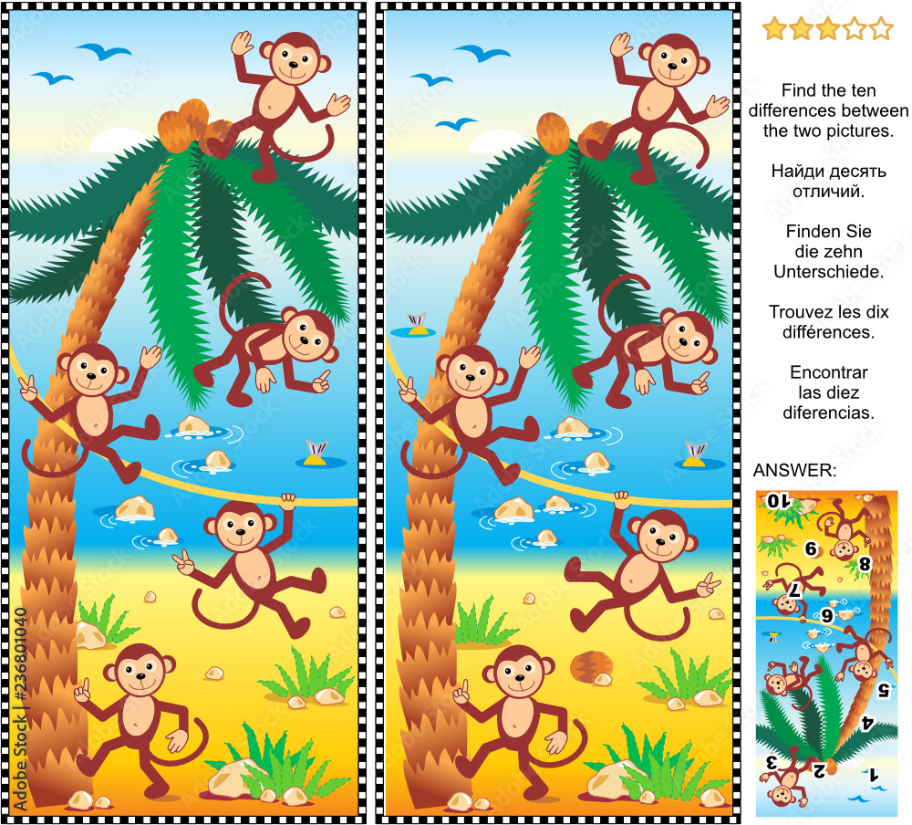 Naklejka premium Visual puzzle: Find the ten differences between the two pictures - playful monkeys, beach, coconut palm. Answer included. 