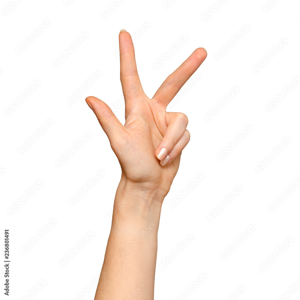 Female hand showing number three, isolated on white Female hand showing number three, isolated on white