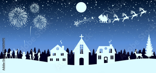 Santa Claus flyin on Christmas sleigh over the housses in the night – vector