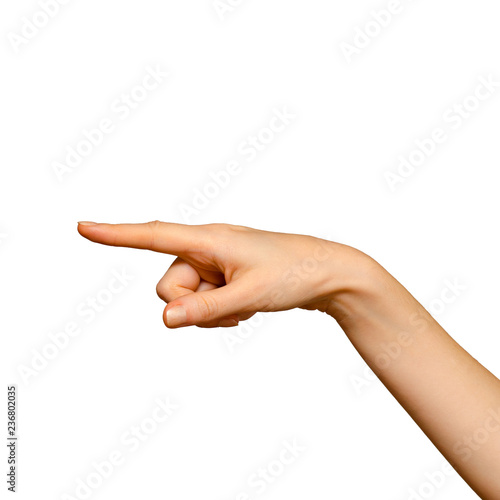 Female hand pointing to the left, isolated on white