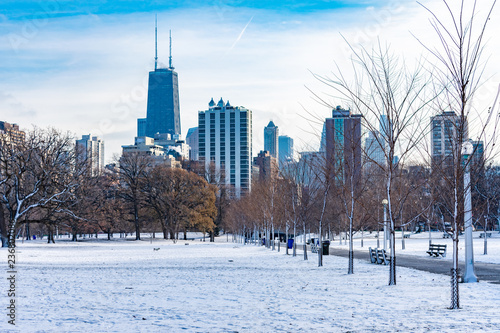 Snow Covered Park in Chicago with Skyline
