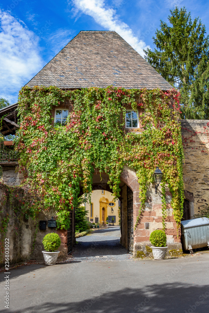 Gatehouse of Roth Castle, a former Templar Commandery, overgrown with autumn Virginia Creeper, Parthenocissus quinquefolia climbing plant, main street exterior view