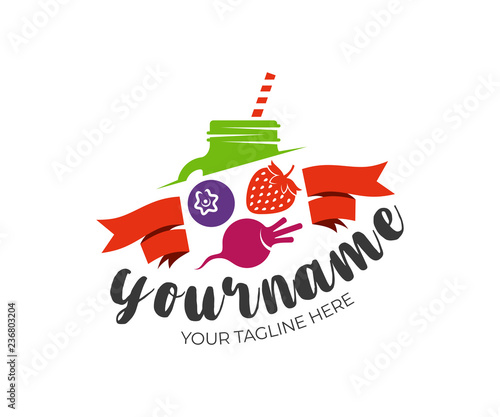 Smoothie, juices, jar mason, strawberries, blueberries and beets with ribbons, logo design. Food natural and organic, energy drink and beverage, vector design and illustration