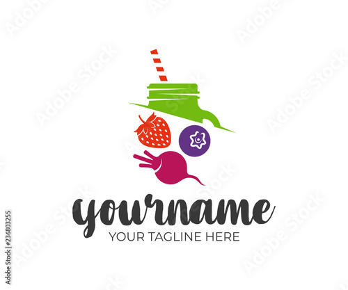 Smoothie, juices, jar mason, strawberries, blueberries and beets, logo design. Food natural and organic, energy drink and beverage, vector design and illustration
