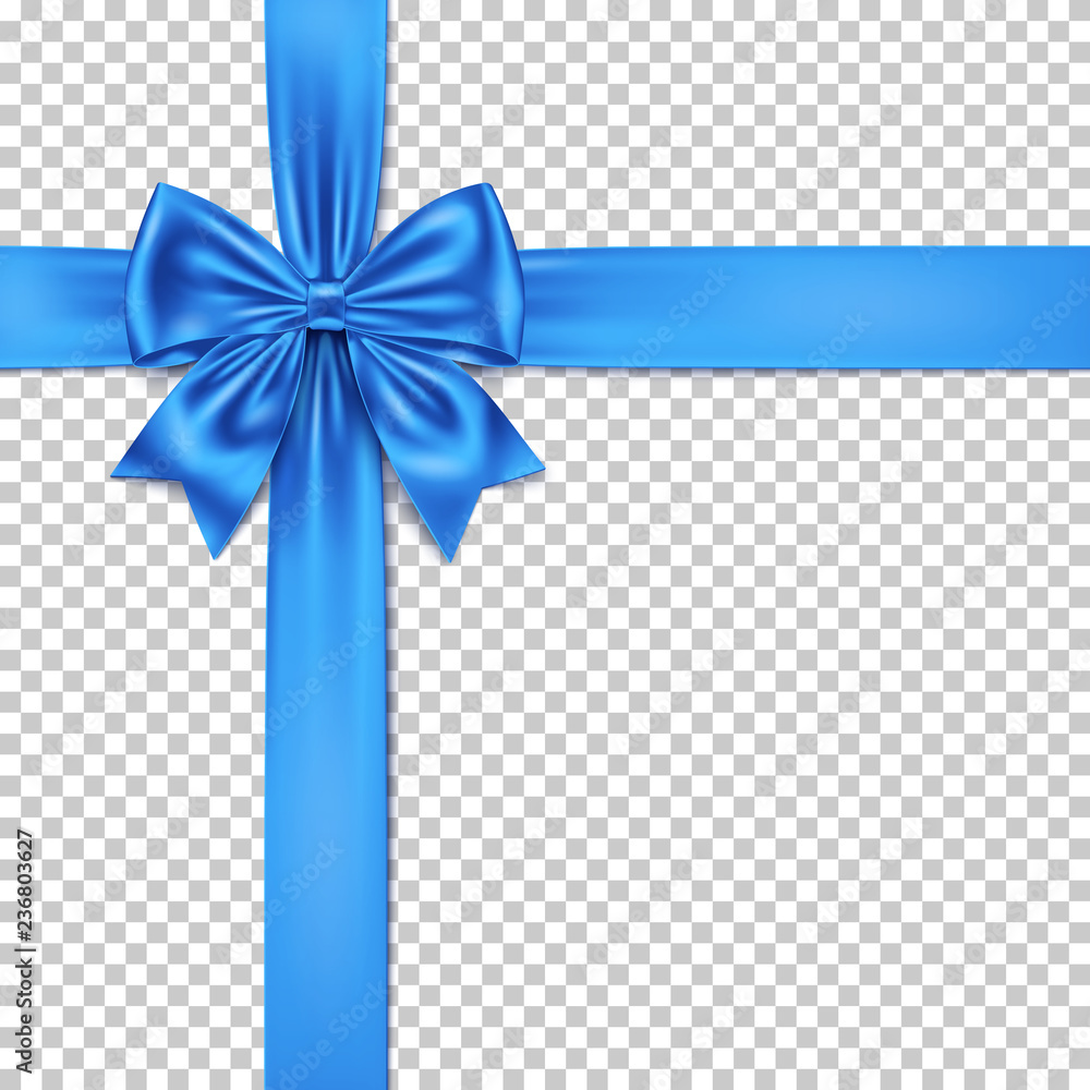 Blue gift bow and ribbon isolated on transparent background. Stock Vector