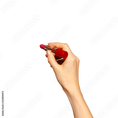 Female hand holding red lipstick, isolated on white