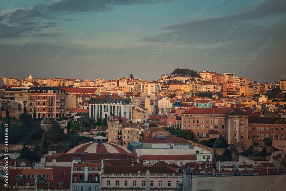 Panoramic view of Lisbon at sunset. Portugal