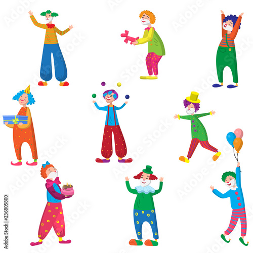 Set of funny characters clowns in beautiful colored clothes with different accessories for the circus. Clowns are having fun, laughing and doing different crazy things.